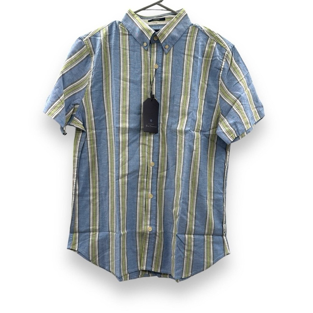 Ben Sherman NWT Striped Button Down Shirt Medium Blue Green Stretch Classic